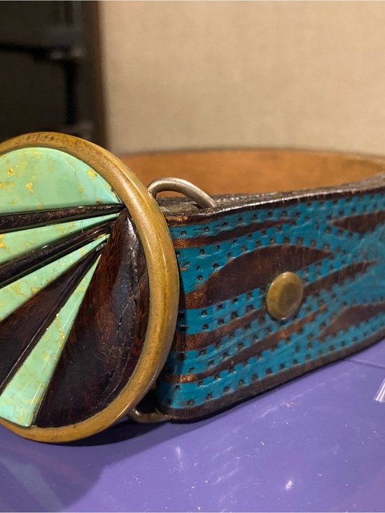 Turquoise Brown Inlay Round Belt Buckle with Leather Belt Boho western main image 5